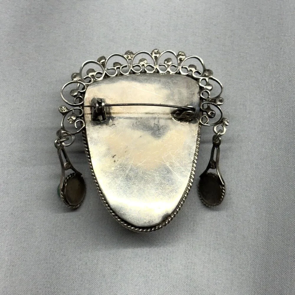 Vintage Mexico Sterling Silver Black Onyx Carved Mask Brooch and Earring Set MCM
